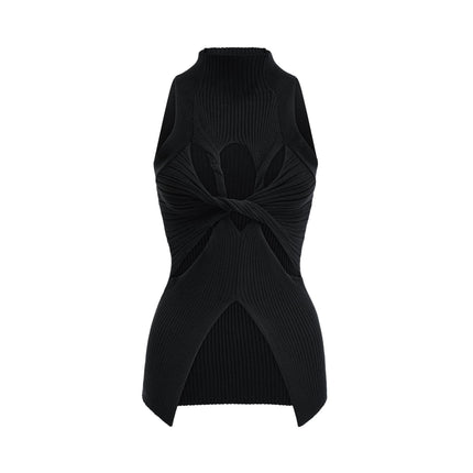 Liana Black Ribbed Sleeveless High Neck Twist Detail Top