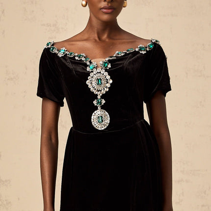 Liana Black Velvet Crystal Mini Dress
