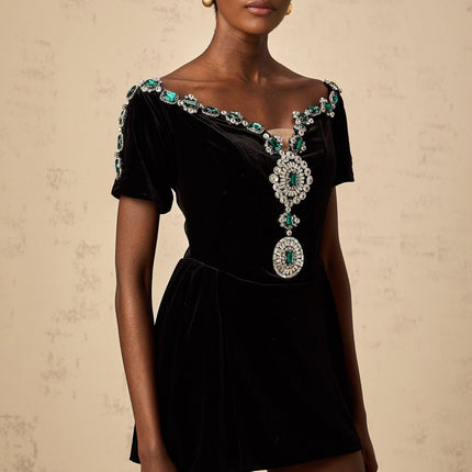 Liana Black Velvet Crystal Mini Dress