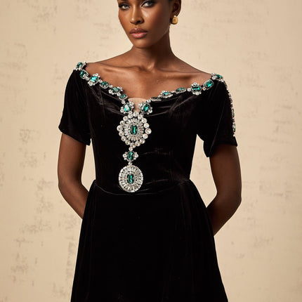 Liana Black Velvet Mini Dress Crystal Chic Style