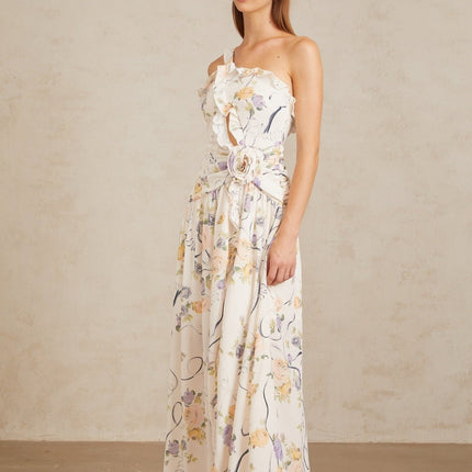 Liana Maxi Dress in Neutrals with Floral Ruffle Trim and 3D-petal Detailing