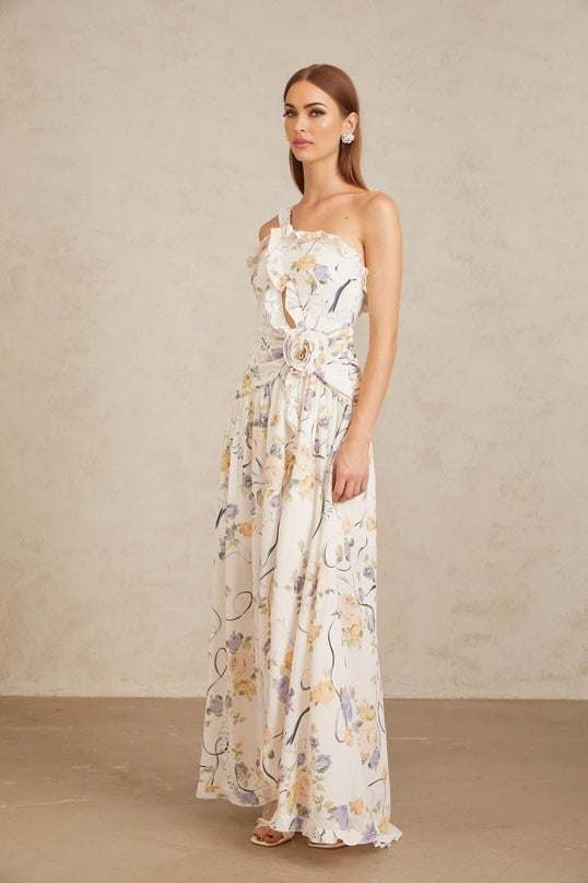 Liana Maxi Dress in Neutrals with Floral Ruffle Trim and 3D-petal Detailing
