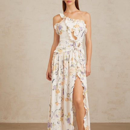Liana Maxi Dress in Neutrals with Floral Ruffle Trim and 3D-Petal Detailing
