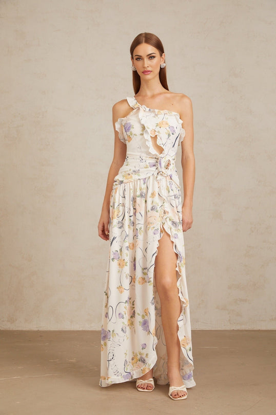 Liana Maxi Dress in Neutrals with Floral Ruffle Trim and 3D-Petal Detailing