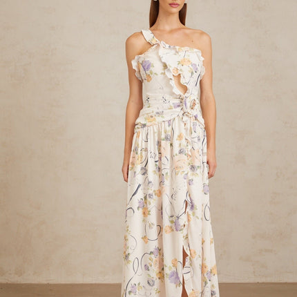 Liana Neutrals Floral Ruffle Trim Maxi Dress 3D Petal Detailing Terylene Fiber Sleeveless Side Slit Shirred Ruched Side Zip Fastening