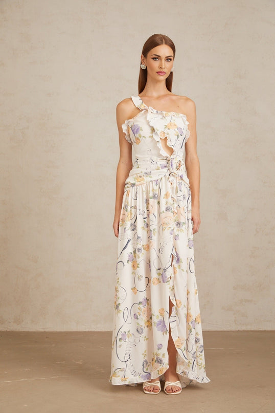 Liana Neutrals Floral Ruffle Trim Maxi Dress 3D Petal Detailing Terylene Fiber Sleeveless Side Slit Shirred Ruched Side Zip Fastening