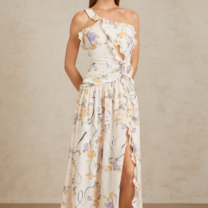 Liana Neutrals Floral Ruffle Trim Maxi Dress Terylene Fiber 3D-Petal Detailing Cut-Out Embellishments Sleeveless Fitted Waistline Side Slit Shirred Effect Ruched Detailing Side Zip Fastening Sophistication Grace Style