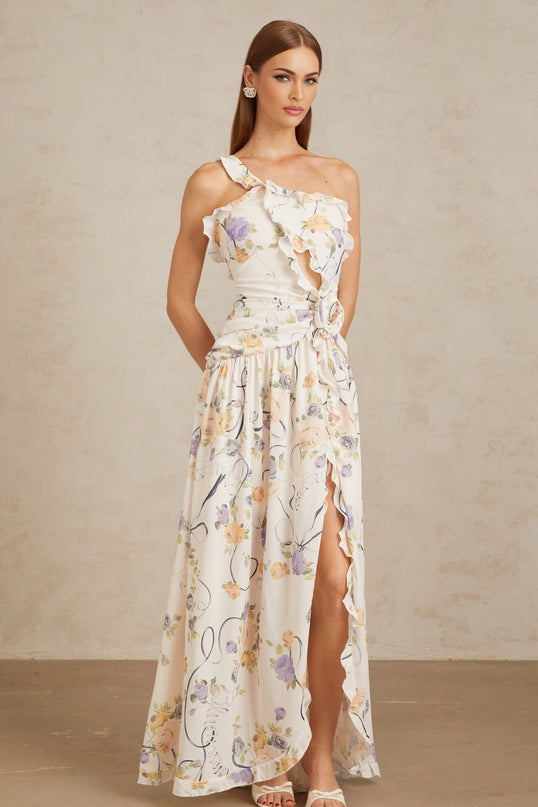 Liana Neutrals Floral Ruffle Trim Maxi Dress Terylene Fiber 3D-Petal Detailing Cut-Out Embellishments Sleeveless Fitted Waistline Side Slit Shirred Effect Ruched Detailing Side Zip Fastening Sophistication Grace Style