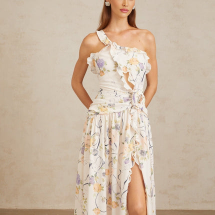 Liana Neutrals Floral Ruffle Trim Maxi Dress Terylene Fiber 3D Petal Detailing Cut-Out Embellishments Fitted Waistline Side Slit Shirred Effect Ruched Detailing Side Zip Fastening Sleeveless Dress