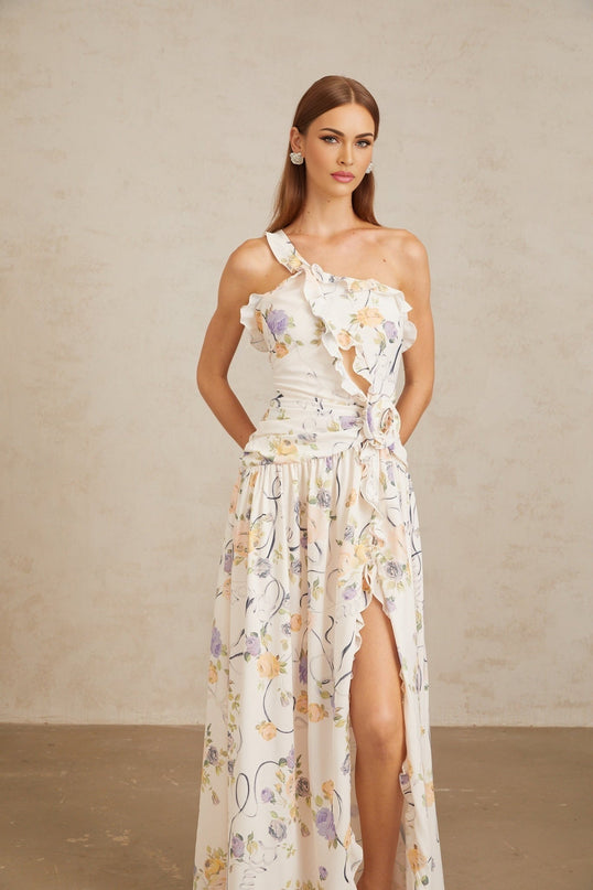 Liana Neutrals Floral Ruffle Trim Maxi Dress Terylene Fiber 3D Petal Detailing Cut-Out Embellishments Fitted Waistline Side Slit Shirred Effect Ruched Detailing Side Zip Fastening Sleeveless Dress