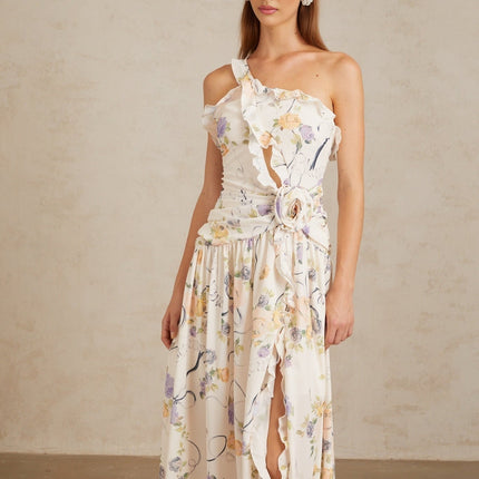Liana Neutrals Floral Ruffle Trim Maxi Dress Terylene Fiber 3D-Petal Detailing Cut-Out Embellishments Side Slit Shirred Ruched Detailing Side Zip Fastening Sleeveless Fitted Waistline Sophisticated Graceful Elegant One-Shoulder Women's Dress