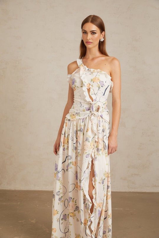 Liana Neutrals Floral Ruffle Trim Maxi Dress Terylene Fiber 3D-Petal Detailing Cut-Out Embellishments Side Slit Shirred Ruched Detailing Side Zip Fastening Sleeveless Fitted Waistline Sophisticated Graceful Elegant One-Shoulder Women's Dress