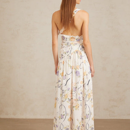 Liana Neutrals Floral Ruffle Trim Maxi Dress 3D-Petal Detailing Cut-Out Embellishments Terylene Fiber Fitted Waistline Side Slit Shirred Ruched Side Zip Fastening Sophistication Grace