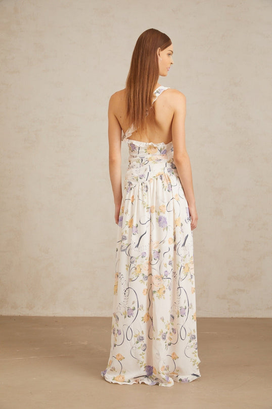 Liana Neutrals Floral Ruffle Trim Maxi Dress 3D-Petal Detailing Cut-Out Embellishments Terylene Fiber Fitted Waistline Side Slit Shirred Ruched Side Zip Fastening Sophistication Grace