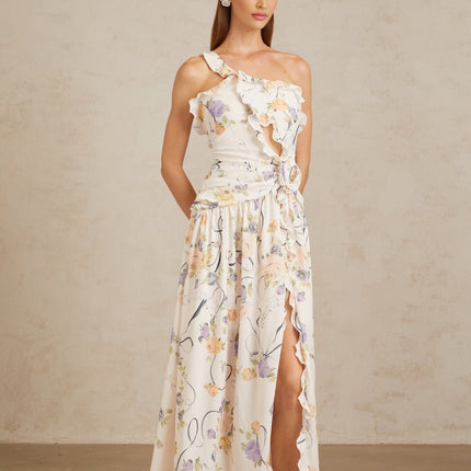 Liana Neutrals Floral Ruffle Trim Maxi Dress Terylene Fiber 3D-Petal Detailing Cut-Out Embellishments Fitted Waistline Side Slit Shirred Ruched Side Zip Fastening Sophistication Grace