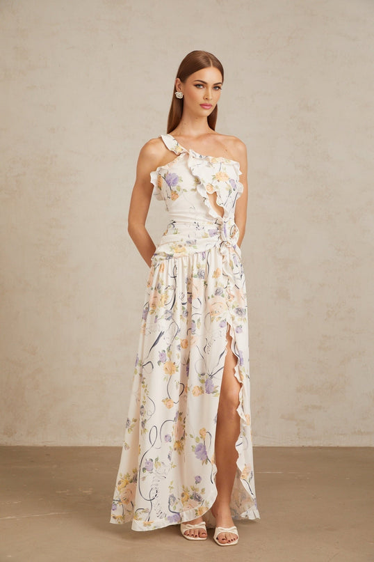 Liana Neutrals Floral Ruffle Trim Maxi Dress Terylene Fiber 3D-Petal Detailing Cut-Out Embellishments Fitted Waistline Side Slit Shirred Ruched Side Zip Fastening Sophistication Grace