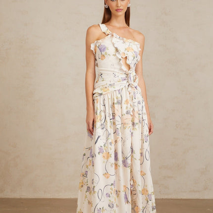 Liana Neutrals Floral Ruffle Trim Maxi Dress Terylene Fiber 3D-Petal Detailing Cut-Out Embellishments Fitted Waistline Side Slit Shirred Effect Ruched Detailing Side Zip Fastening Sleeveless Dress