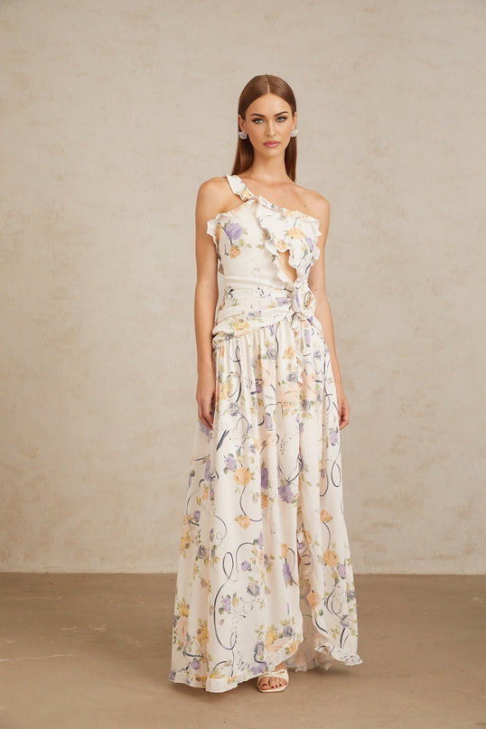 Liana Neutrals Floral Ruffle Trim Maxi Dress Terylene Fiber 3D-Petal Detailing Cut-Out Embellishments Fitted Waistline Side Slit Shirred Effect Ruched Detailing Side Zip Fastening Sleeveless Dress