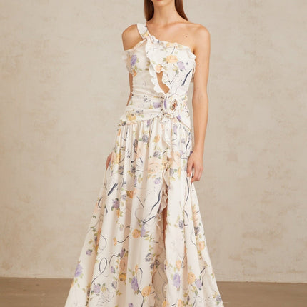 Liana Neutrals Floral Ruffle Trim Maxi Dress