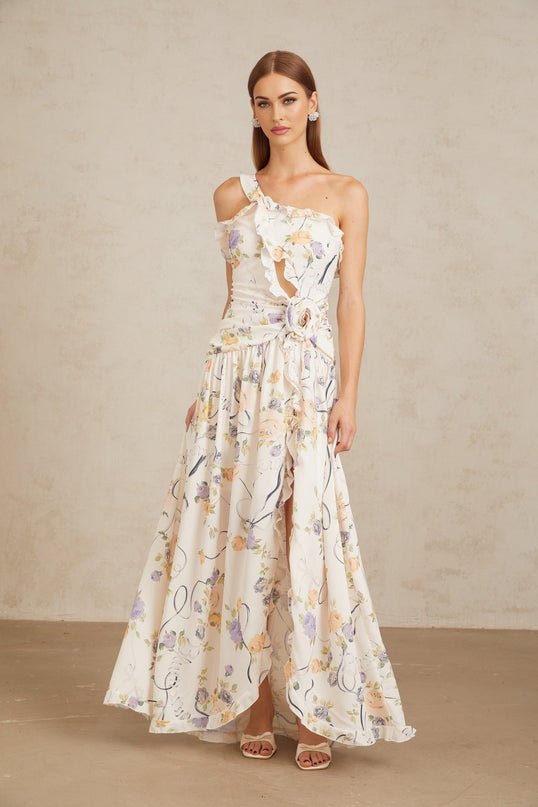 Liana Neutrals Floral Ruffle Trim Maxi Dress