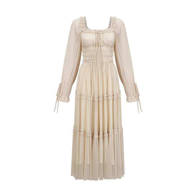 Liana Neutrals Metallic Threading Tiered Midi Dress Square Neck Semi-Sheer Sleeves Shirred Design Pleated Skirt