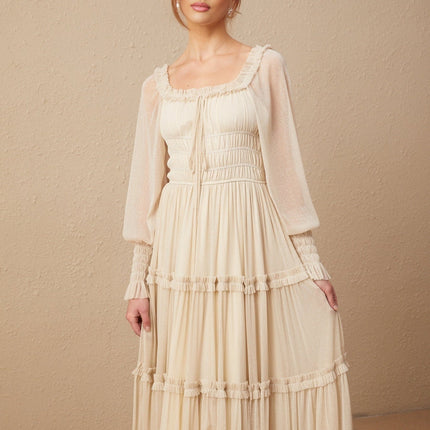 Liana Neutrals Metallic Threading Tiered Midi Dress Square Neck Semi-Sheer Sleeves Elasticated Cuffs Self-Tie Neck Shirred Design Pleated Full Skirt Mid-Length Style Luxurious Blend Terylene Metallic Fiber Spandex Refinement Grace Special Occasion