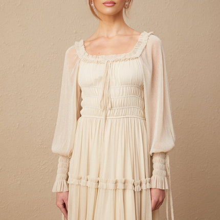 Liana Neutrals Metallic Threading Tiered Midi Dress Square Neck Semi-Sheer Sleeves Shirred Design Pleated Skirt