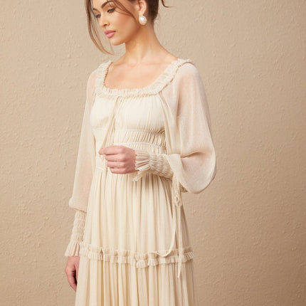 Liana Neutrals Metallic Threading Tiered Midi Dress Square Neck Semi-Sheer Sleeves Pleated Skirt