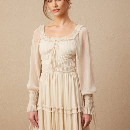Liana Neutrals Metallic Threading Tiered Midi Dress Square Neck Semi-Sheer Sleeves Self-Tie Neck Shirred Design Pleated Skirt Mid-Length Style Luxurious Blend Terylene Metallic Fiber Spandex Special Occasion
