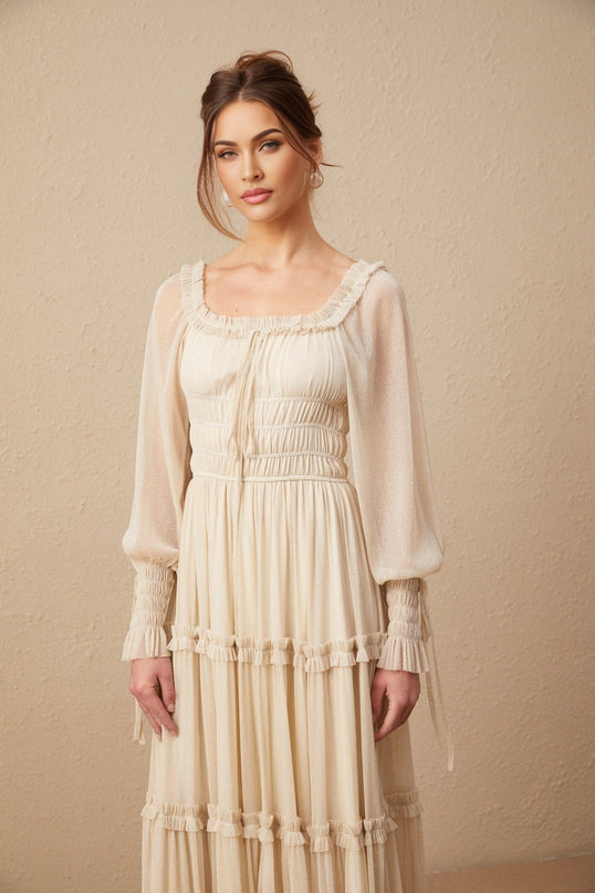 Liana Neutrals Metallic Threading Tiered Midi Dress Square Neck Semi-Sheer Sleeves Self-Tie Neck Shirred Design Pleated Skirt Mid-Length Style Luxurious Blend Terylene Metallic Fiber Spandex Special Occasion