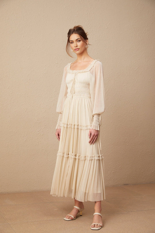 Liana Neutrals Metallic Threading Tiered Midi Dress Square Neck Semi-Sheer Sleeves Self-Tie Neck Shirred Design Pleated Skirt Mid-Length Style Luxurious Blend Terylene Metallic Fiber Spandex Refinement Grace Special Occasion