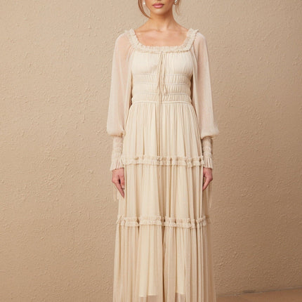 Liana Neutrals Metallic Threading Tiered Midi Dress Square Neck Semi-Sheer Sleeves Pleated Skirt