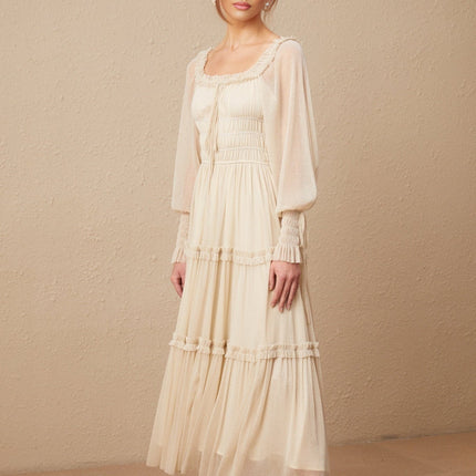 Liana Neutrals Metallic Threading Tiered Midi Dress Square Neck Semi-Sheer Sleeves Shirred Design Pleated Skirt Elegant Self-Tie Neck Special Occasion