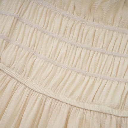 Liana Neutrals Metallic Threading Tiered Midi Dress Square Neck Semi-Sheer Sleeves Pleated Skirt