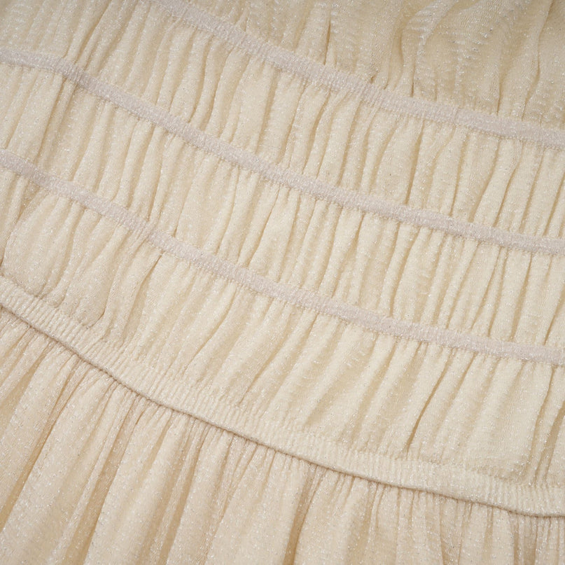 Liana Neutrals Metallic Threading Tiered Midi Dress Square Neck Semi-Sheer Sleeves Pleated Skirt