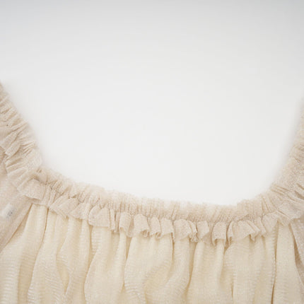 Liana Neutrals Metallic Threading Tiered Midi Dress Square Neck Semi-Sheer Sleeves Pleated Skirt