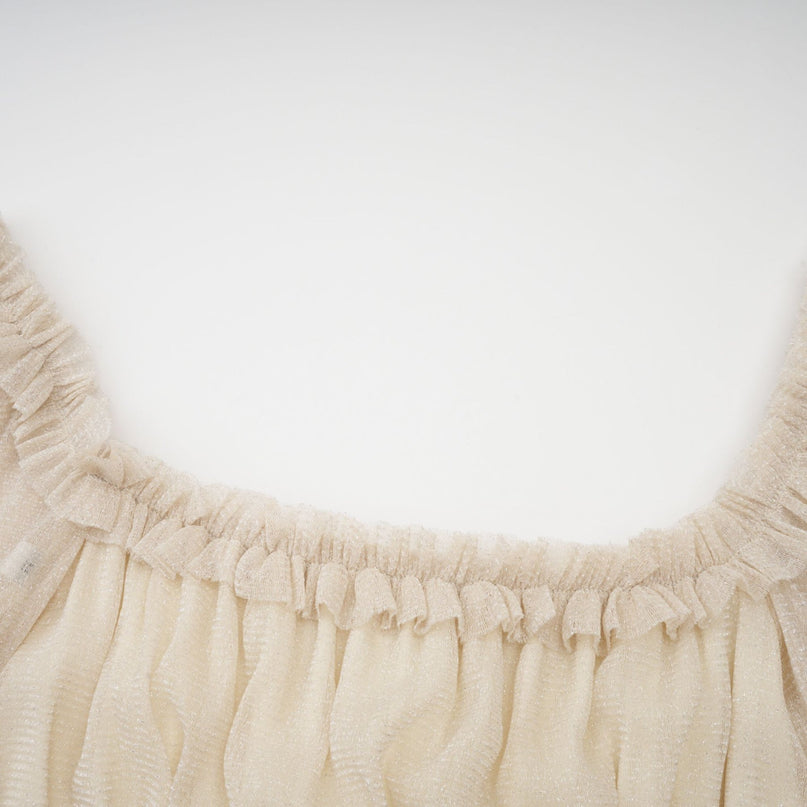 Liana Neutrals Metallic Threading Tiered Midi Dress Square Neck Semi-Sheer Sleeves Pleated Skirt
