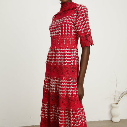 Liana Red Lace Maxi Dress with Scallop Pattern and Cut-Work Design