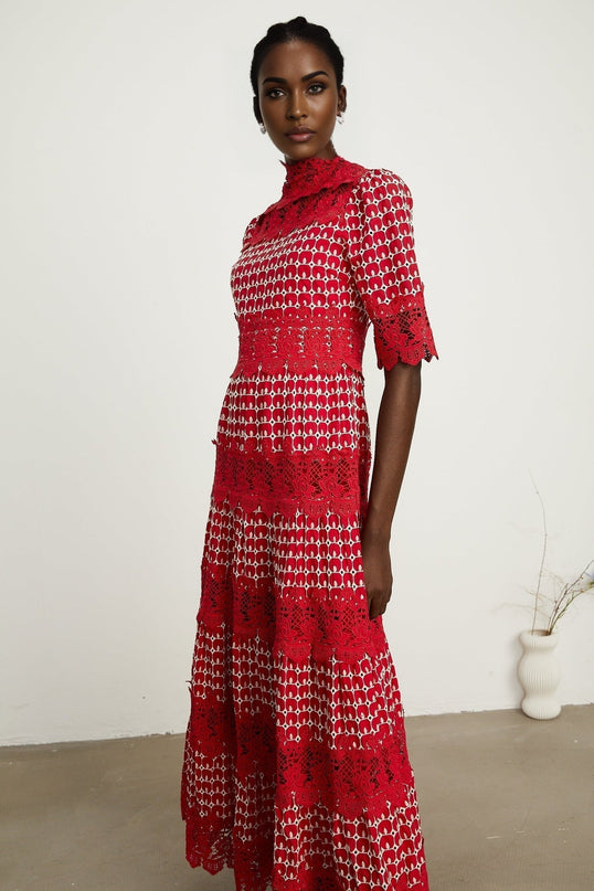 Liana Red Lace Maxi Dress with Scallop Pattern and Cut-Work Design