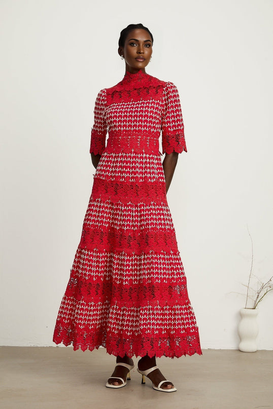 Liana Red Lace Scallop Maxi Dress