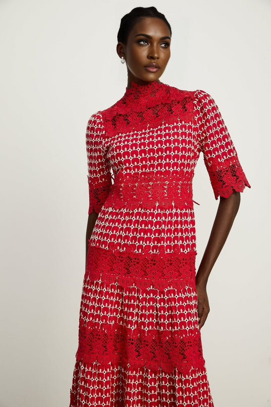 Liana Red Lace Scallop Maxi Dress in Viscose Cotton Spandex Blend