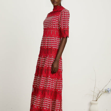 Liana Red Lace Scallop Maxi Dress