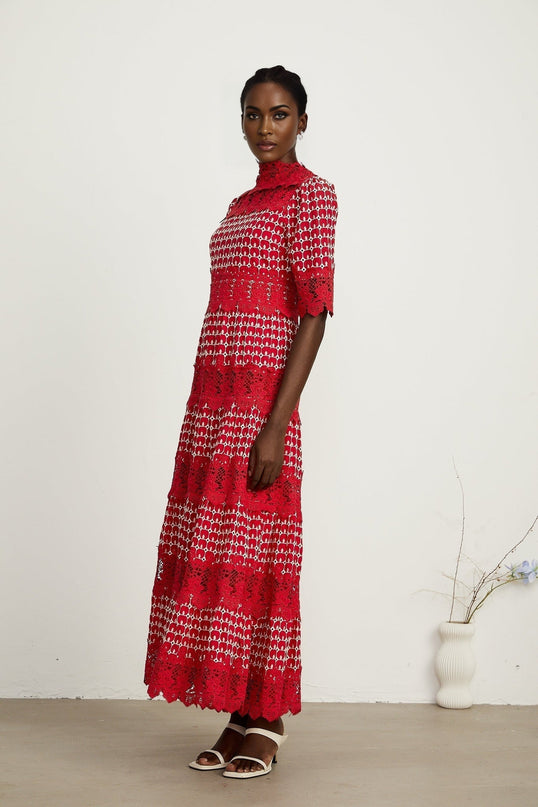 Liana Red Lace Scallop Maxi Dress