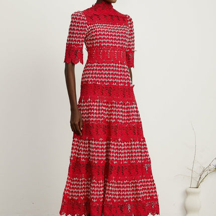 Liana Red Lace Scallop Maxi Dress