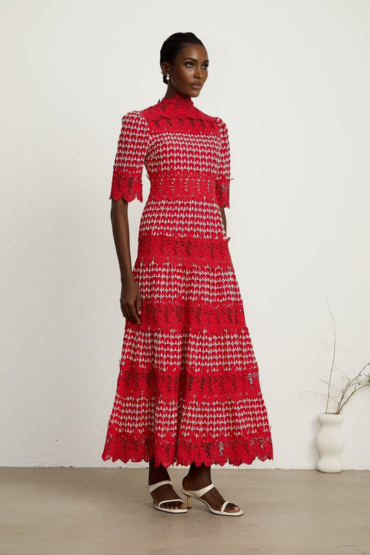 Liana Red Lace Scallop Maxi Dress