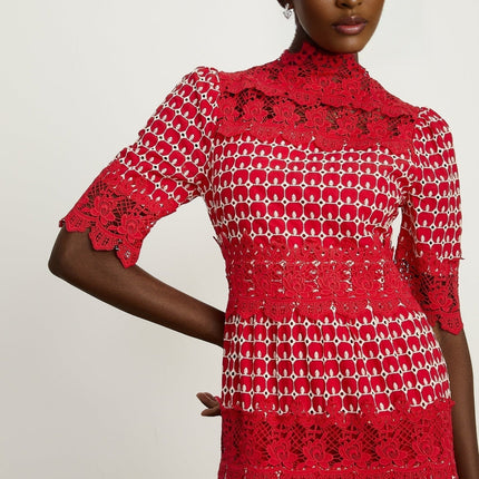 Liana Red Lace Scallop Maxi Dress