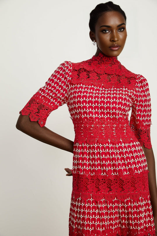 Liana Red Lace Scallop Maxi Dress