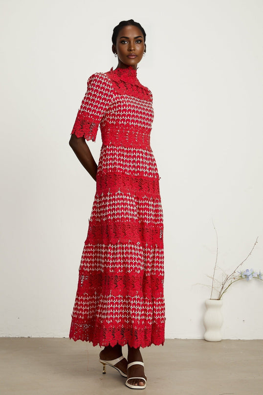 Liana Red Lace Scalloped Maxi Dress