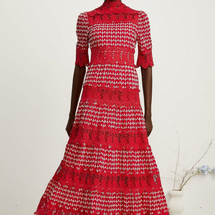 Liana Red Lace Scalloped Maxi Dress with Mock Neck and Short Sleeves