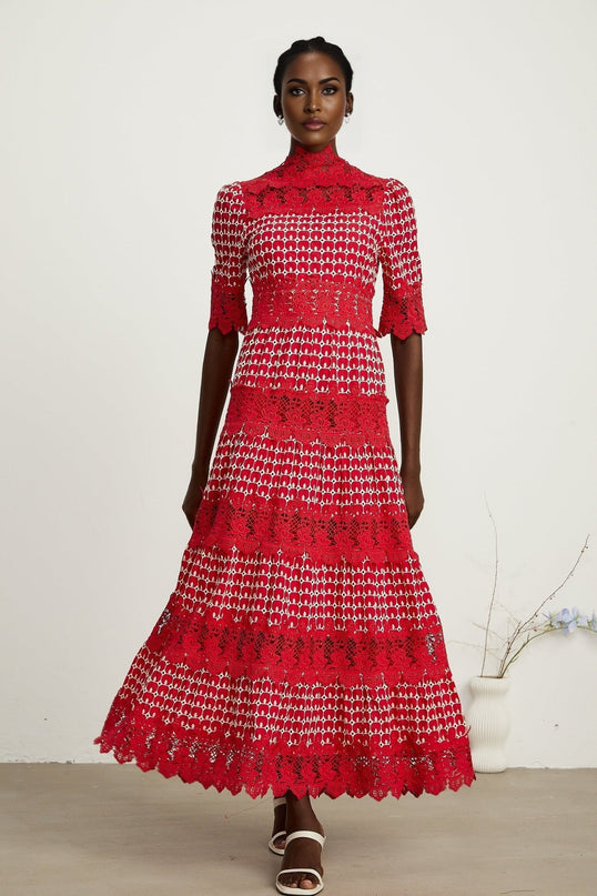 Liana Red Lace Scalloped Maxi Dress with Mock Neck and Short Sleeves